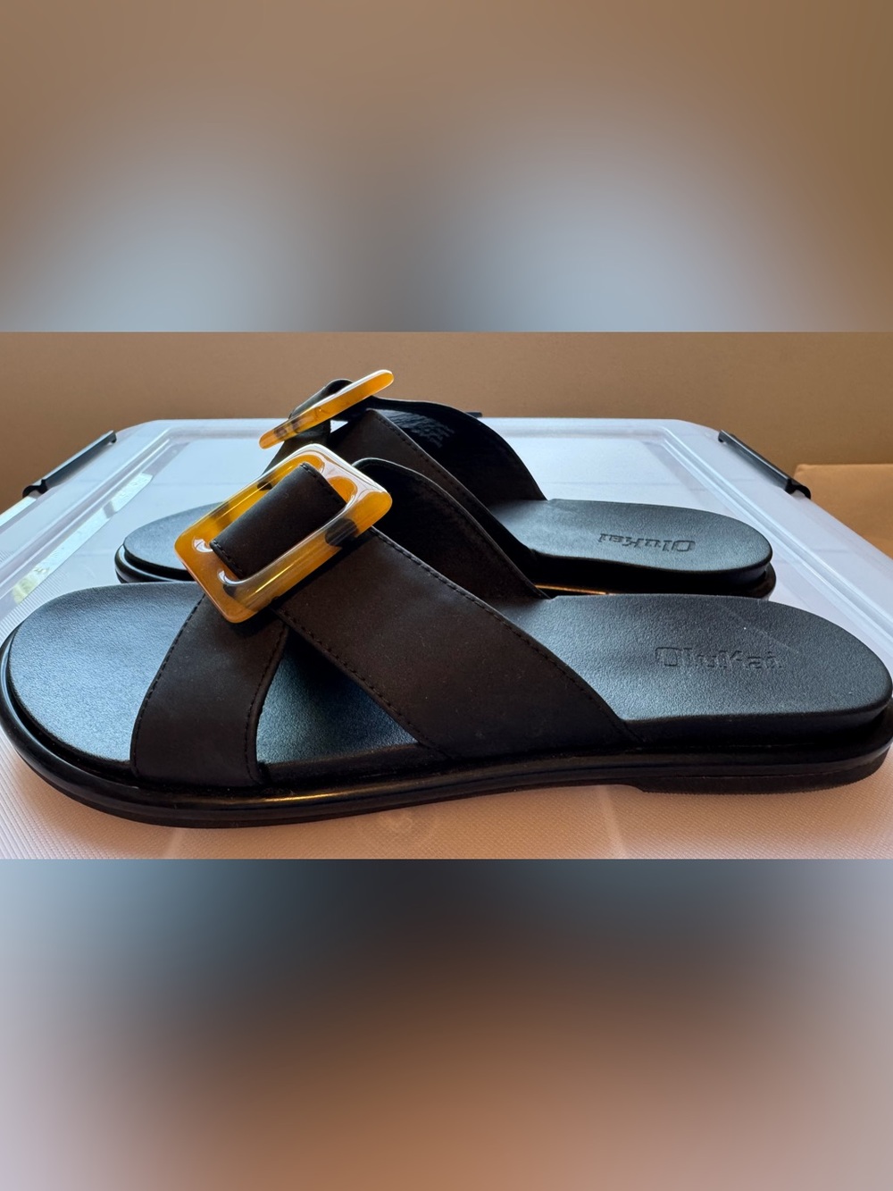 Olu Kai Black Slide Sandals with Amber Buckles, size 7